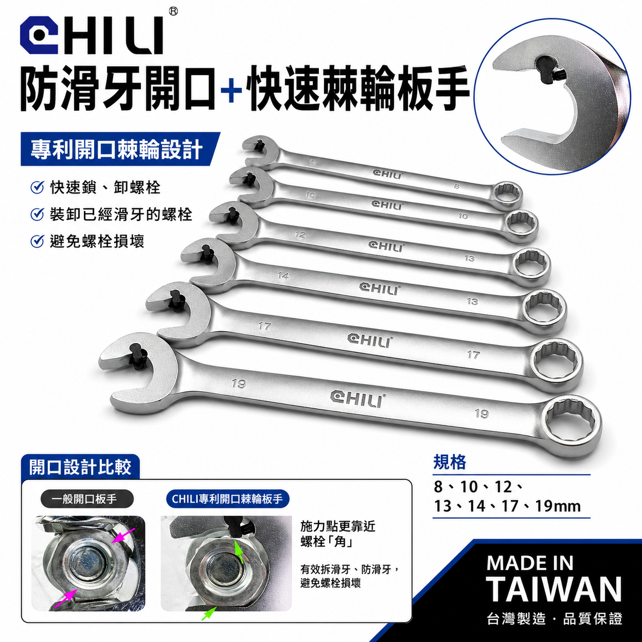 CHILI 台灣製｜開口棘輪防滑牙扳手 快速棘輪開口板手 棘輪 油管扳手 梅花梅開｜8-19mm｜WG黑豆豆｜整組7支組