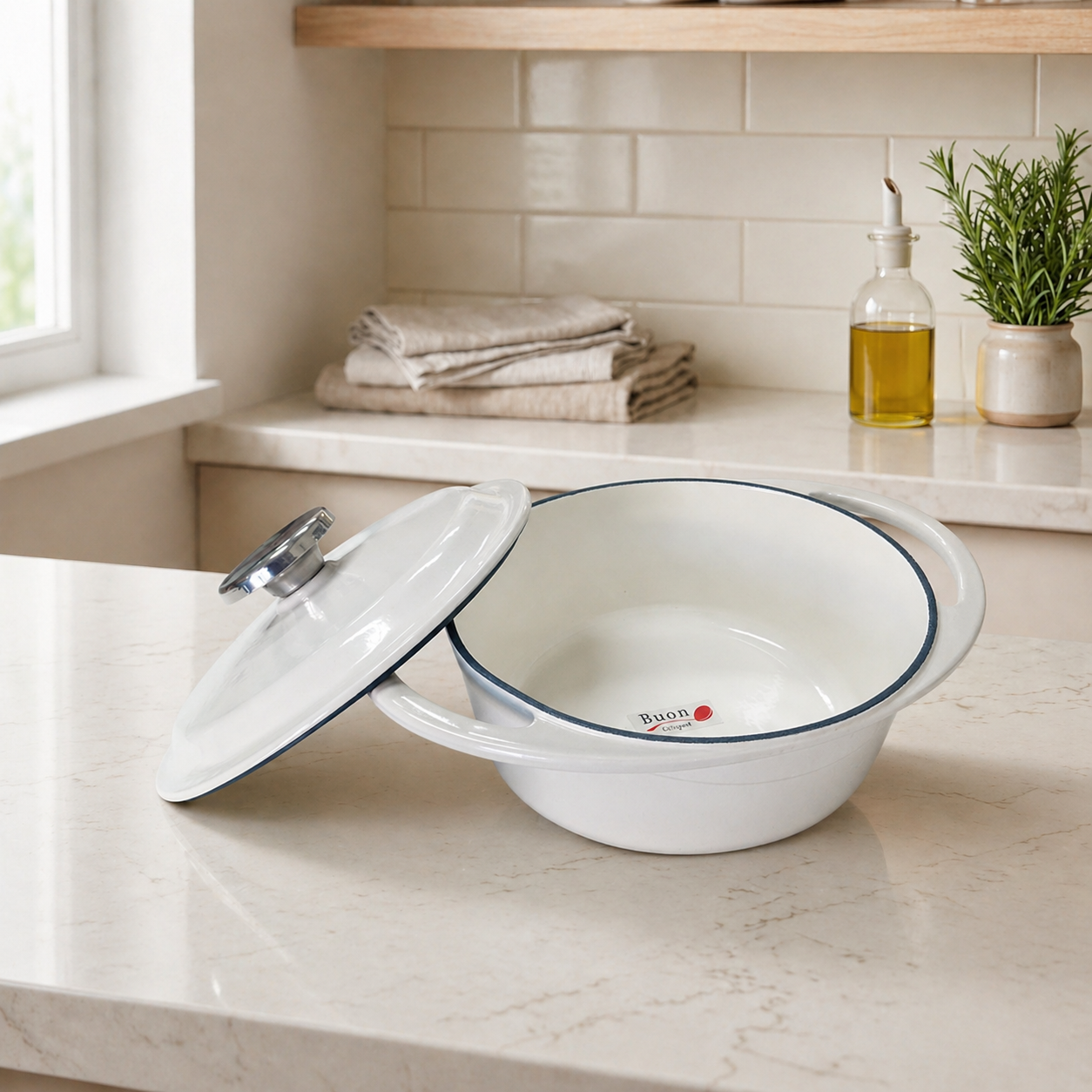 【BUON】鑄鐵鍋-溫潤白(圓型) 鑄鐵鍋 琺瑯 琺瑯鍋 溫潤 廚具 餐具 鍋子 鍋具