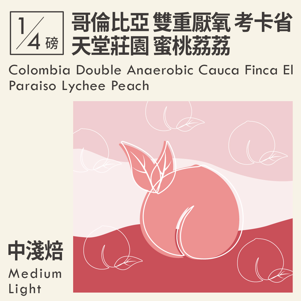 哥倫比亞 雙重厭氧 考卡省 天堂莊園 蜜桃荔荔  0.25磅