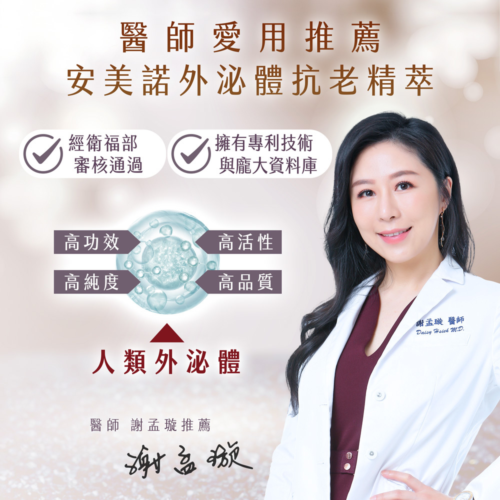 謝孟璇醫師愛用推薦安美諾外泌體抗老精萃，強調高功效、高純度、高活性與高品質的專利人類外泌體技術。
