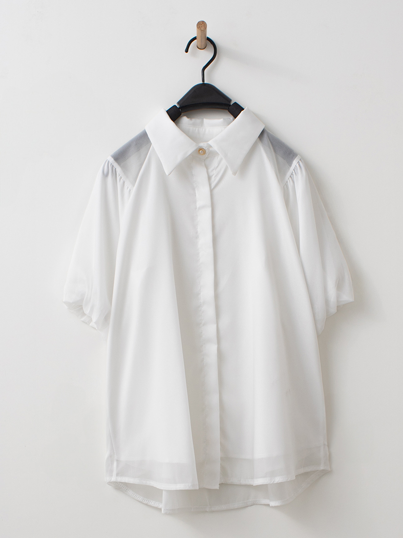 日系優雅珍珠光透色拼接花苞袖層次襯衫