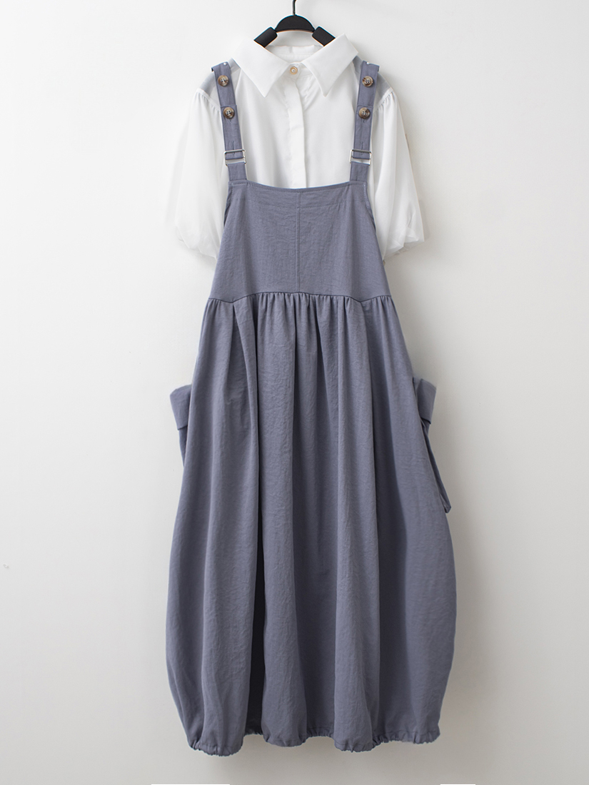 花苞吊帶洋裝拼接花苞袖層次襯衫組合