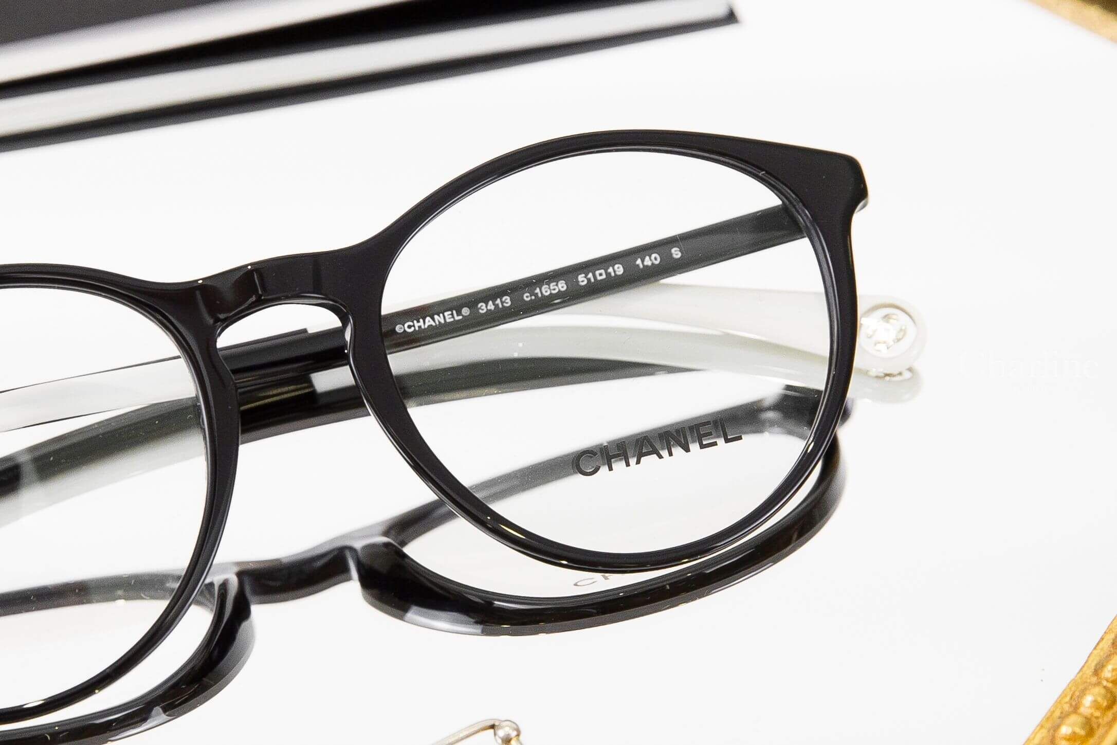 Chanel Pantos Eyeglasses 黑白拼色圓框側邊銀色 Logo 鏡腳透明圓型CC平光眼鏡