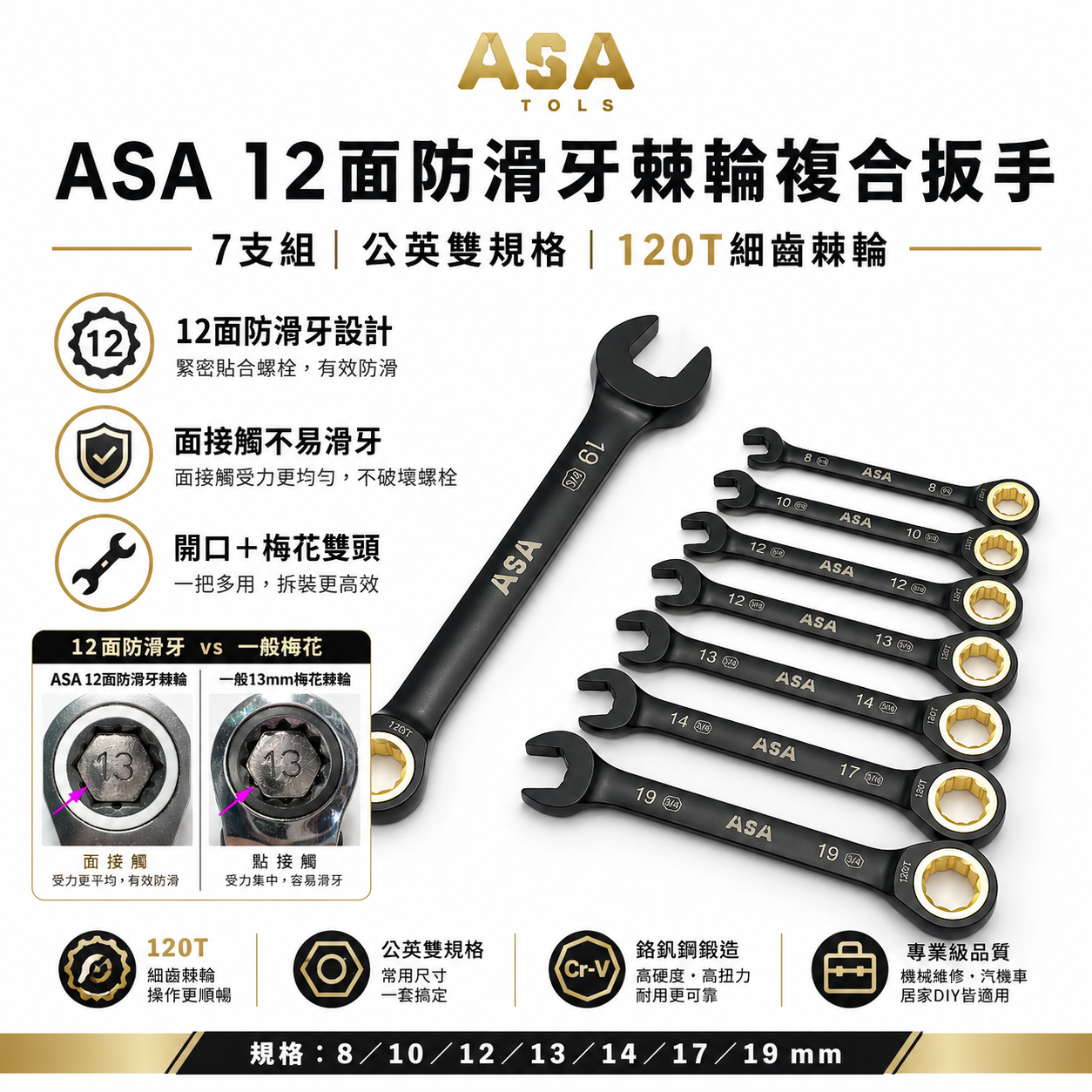 ASA 台灣製｜棘輪扳手 120齒棘輪扳手 防滑牙棘輪梅開 長型棘輪扳手｜黑鉻單向-雙規格公英制｜7支組｜KM-DB