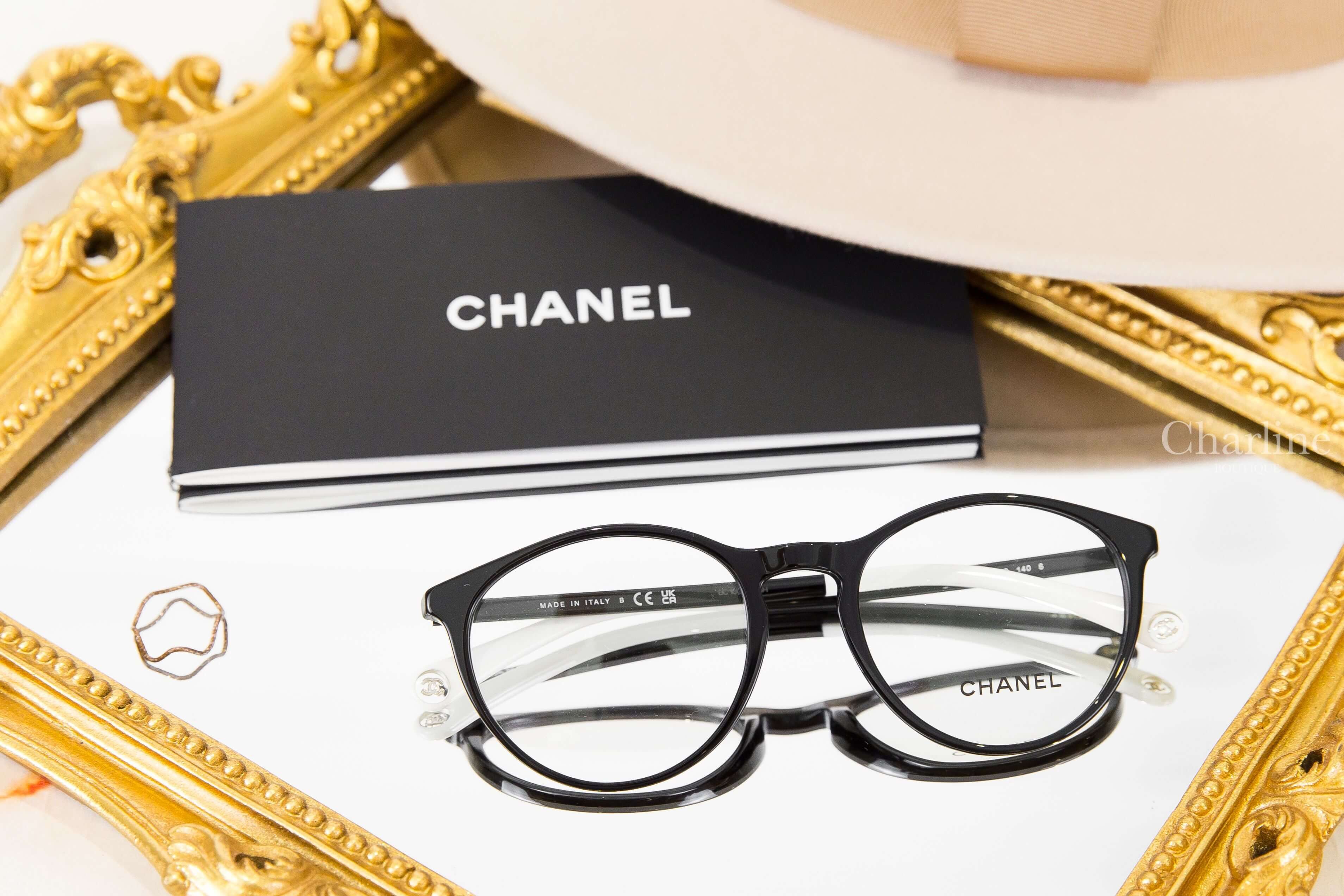 Chanel Pantos Eyeglasses 黑白拼色圓框側邊銀色 Logo 鏡腳透明圓型CC平光眼鏡