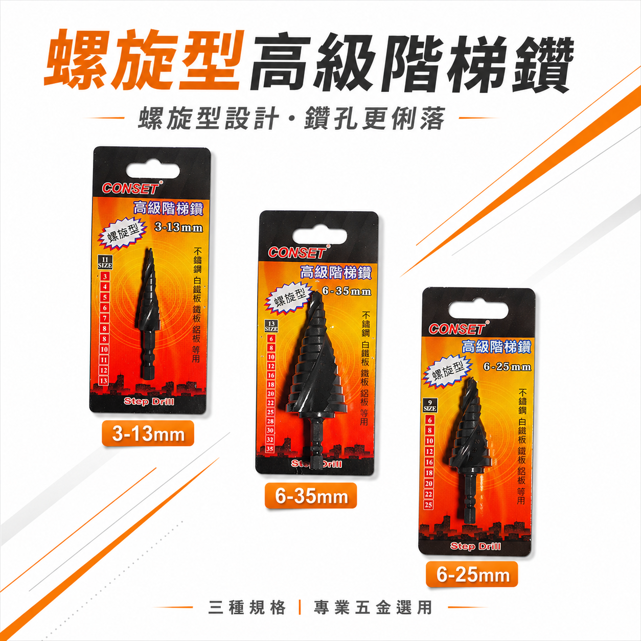 CONSET｜HSS M2 黑色六角軸螺旋階梯鑽 鑽孔圓穴鑽 六角柄螺旋型階梯鑽頭 白鐵板階梯鑽尾 圓穴鋸