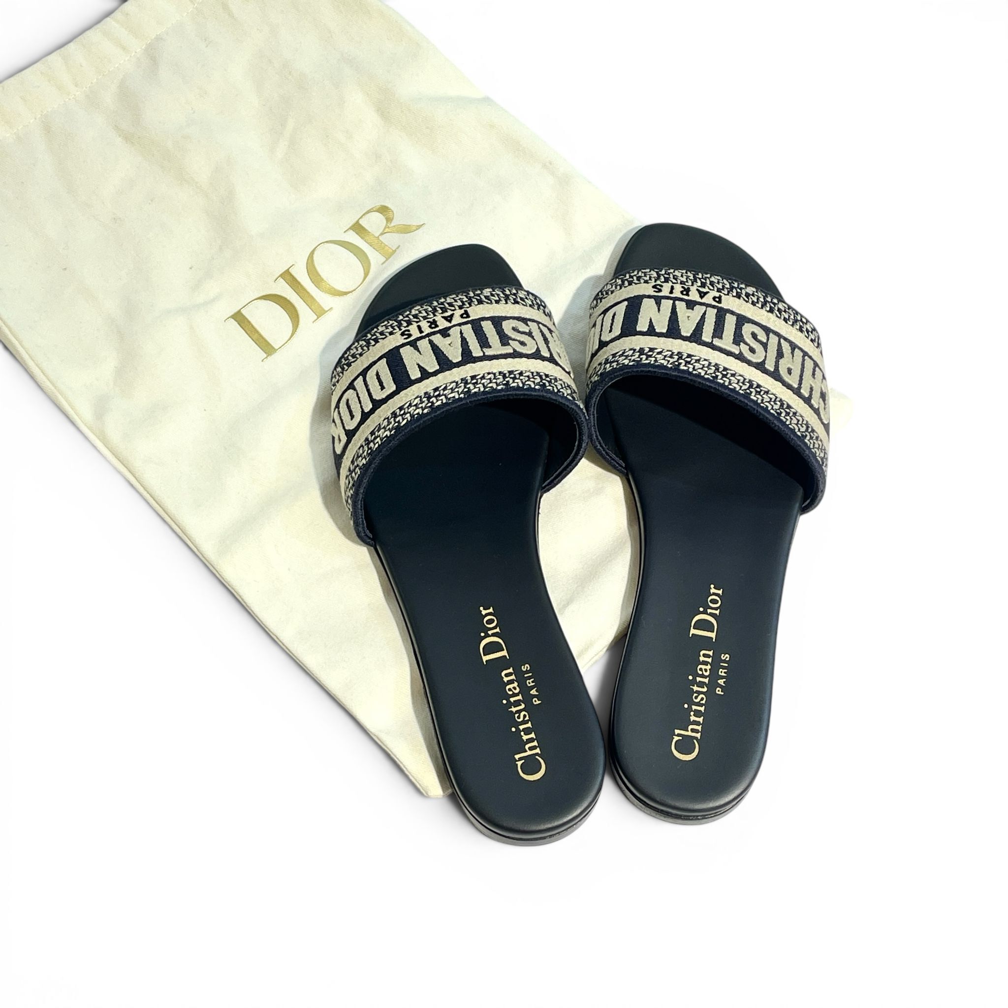 全新Dior Dway拖鞋 平底35碼 深藍色刺繡牛仔布拼小牛皮 #BRAND NEW #香榭站正品