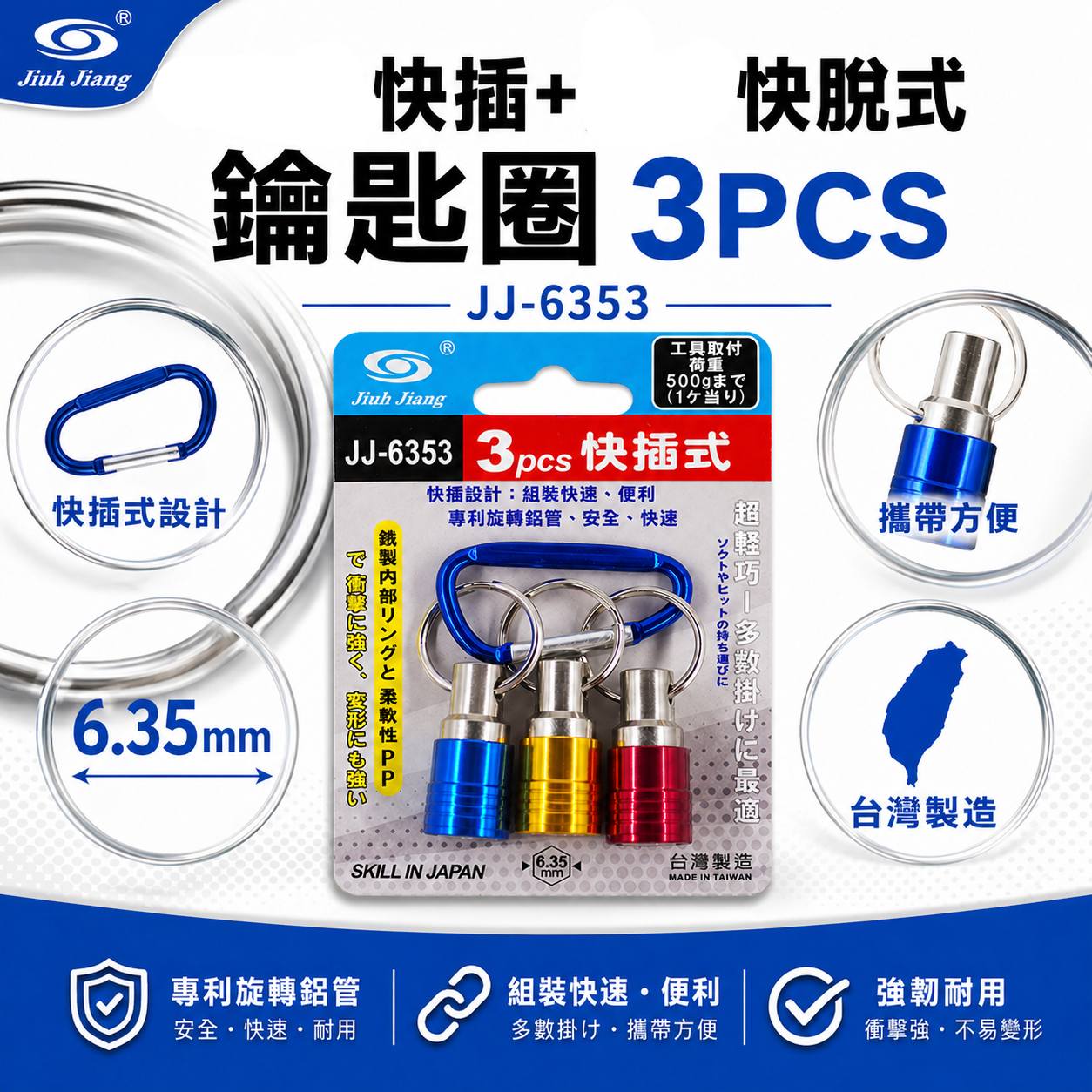 巨匠 台灣製｜新款-快脫起子頭鑰匙扣 鑽頭鑰匙圈 六角軸工具配件快速扣 六角起子頭快扣環3入｜JJ-6353
