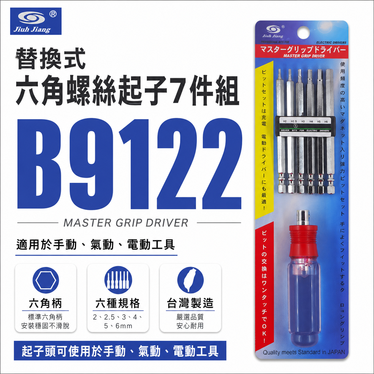 巨匠 台灣製｜2-6mm 替換式六角螺絲起子組 六角頭起子頭 內六角螺絲用六角起子組 S2起子頭｜B9122