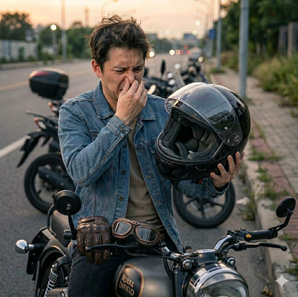 人掩鼻覺得安全帽很臭