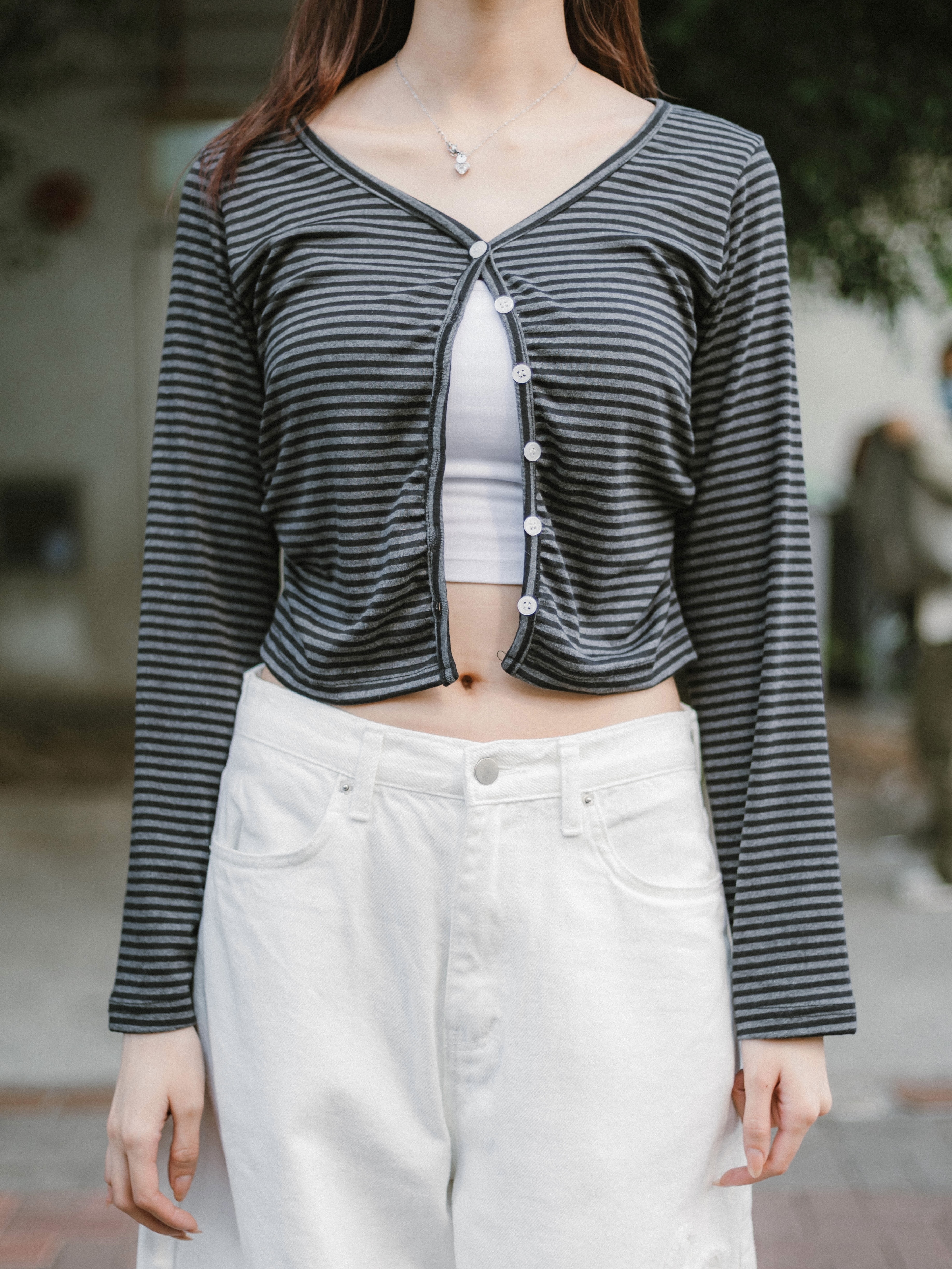 軟熟條紋修腰薄外套