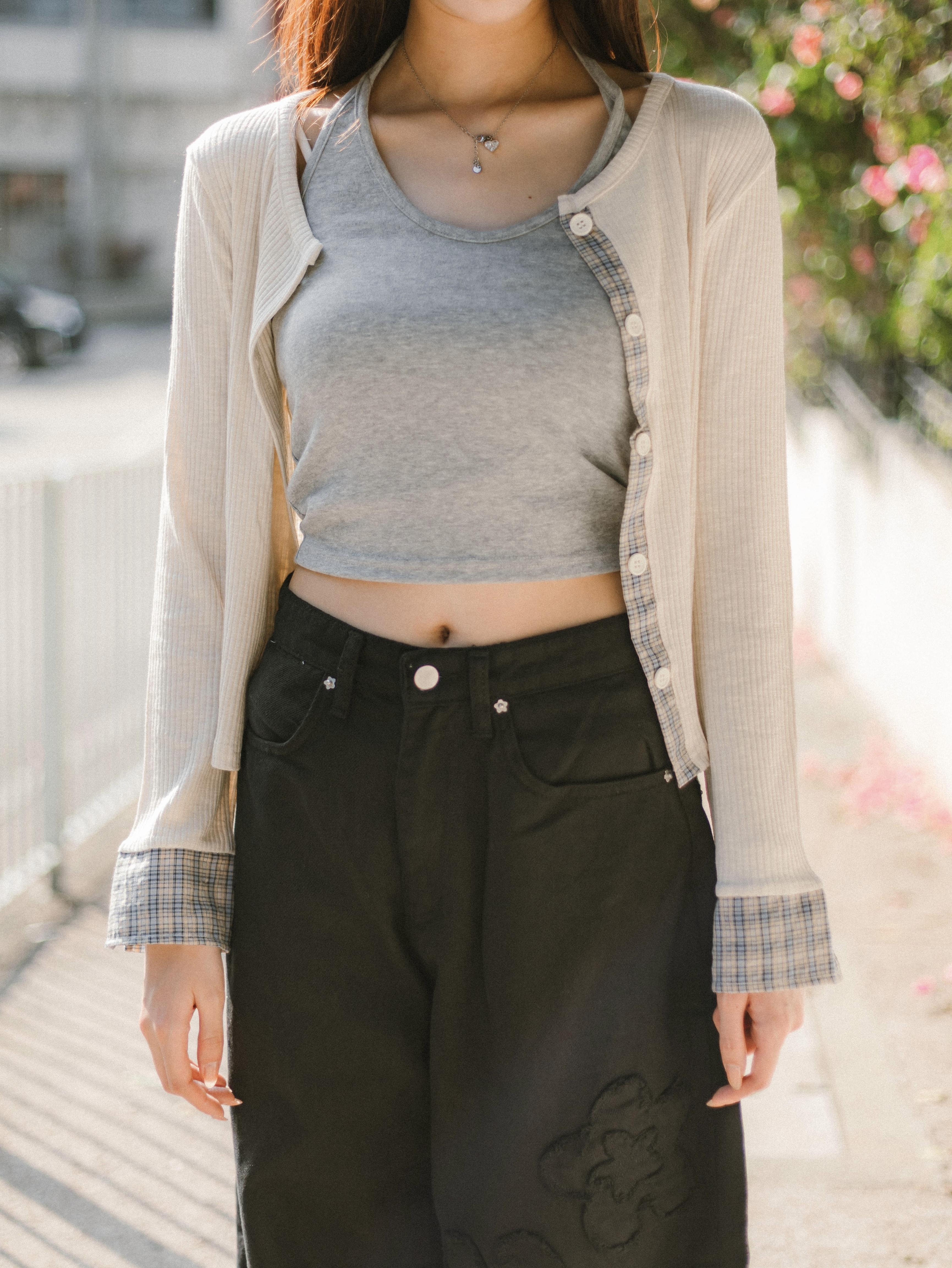 格紋手袖拼接薄外套