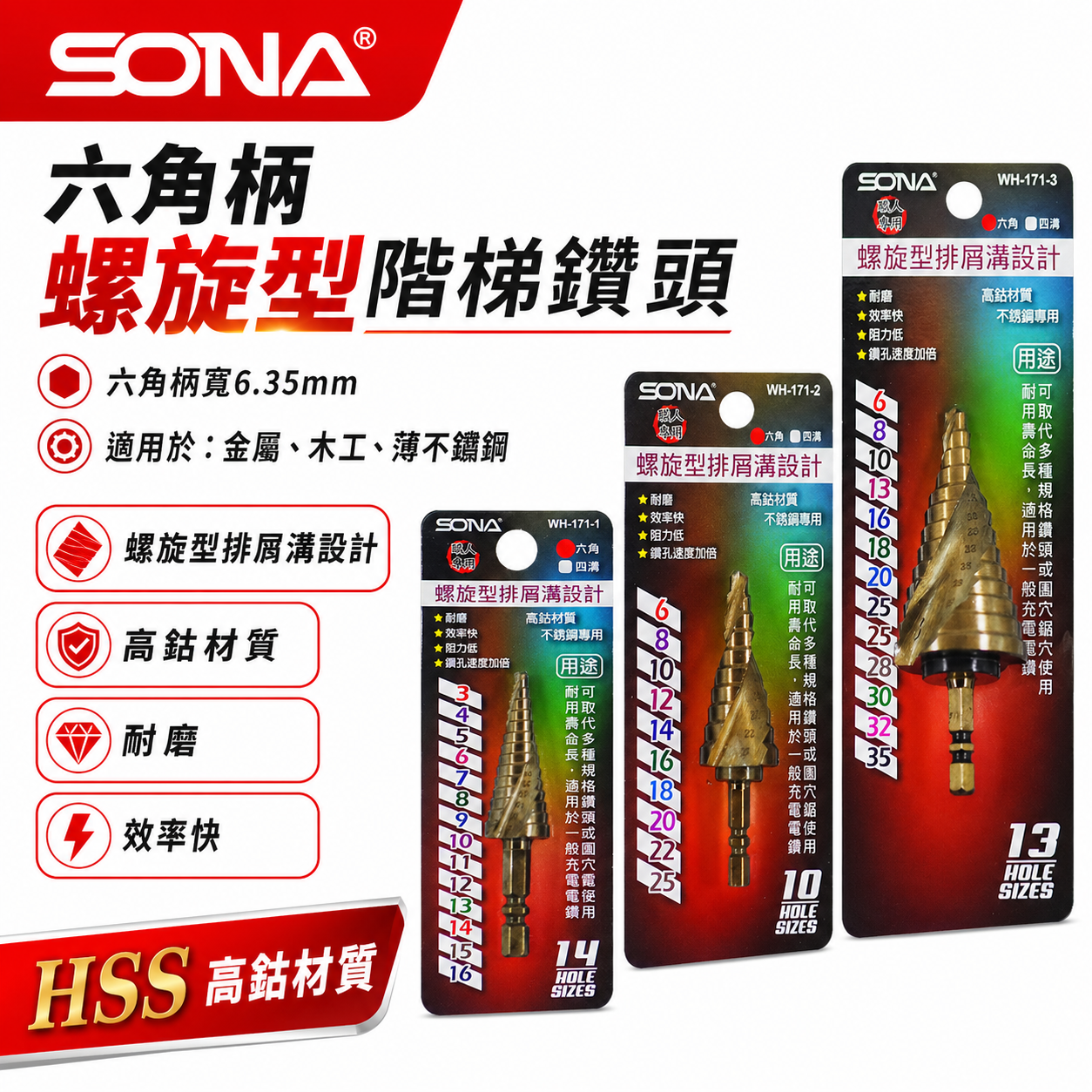 SONA 旺鴻｜HSS 高鈷六角柄螺旋式階梯鑽 不鏽鋼白鐵用階梯鑽尾 階梯鑽頭 六角軸圓穴鑽尾｜WH-171
