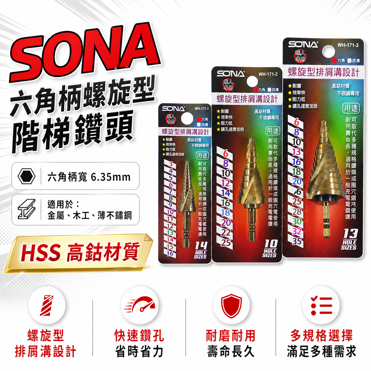 SONA 旺鴻｜HSS 高鈷六角柄螺旋式階梯鑽 不鏽鋼白鐵用階梯鑽尾 階梯鑽頭 六角軸圓穴鑽尾｜WH-171