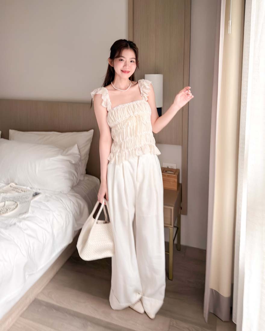 LINA LINA韓妞方程式純色打褶藏肉寬褲-米杏S-L