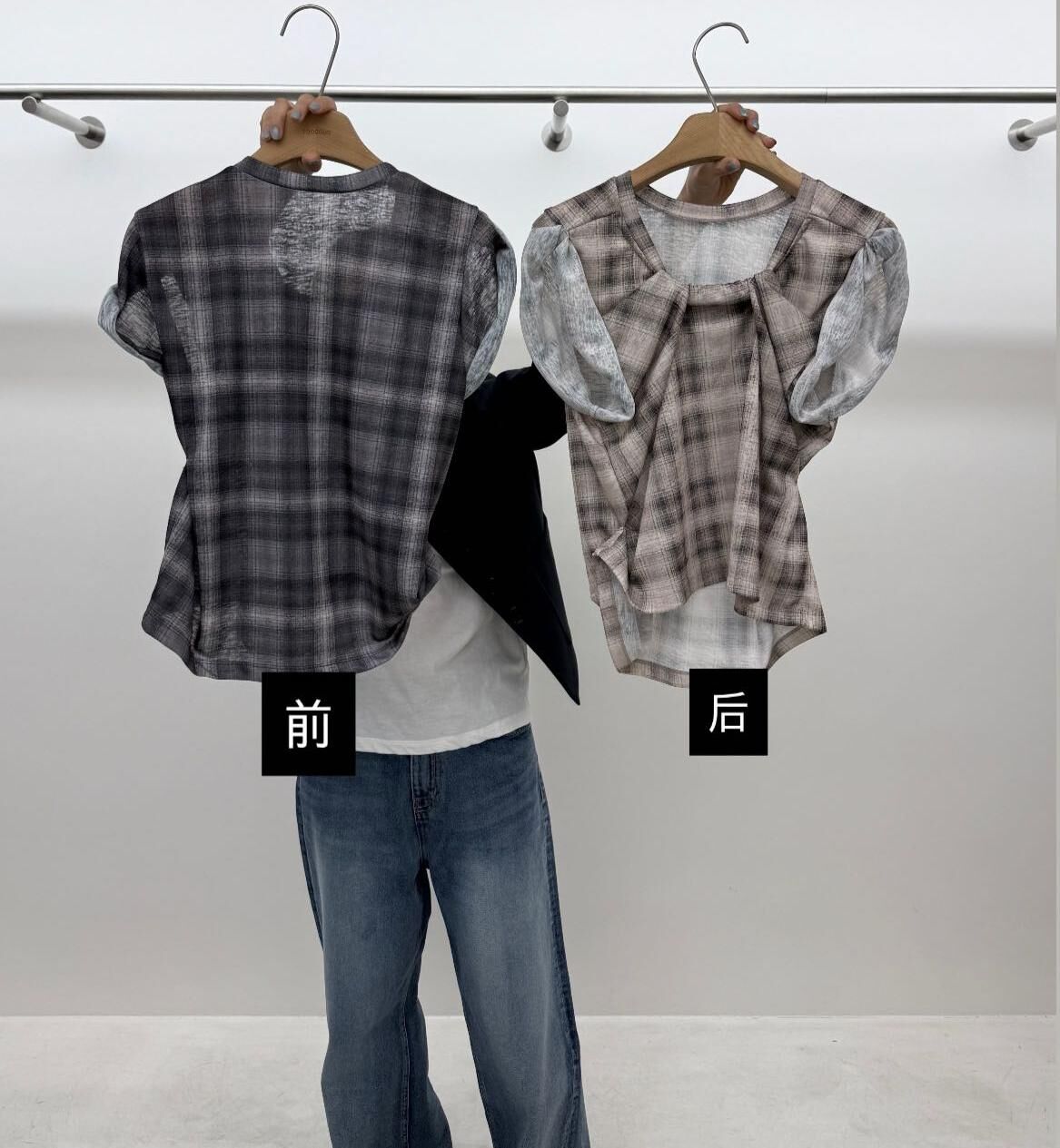 TG6106 格仔拼摺花灰袖上衣