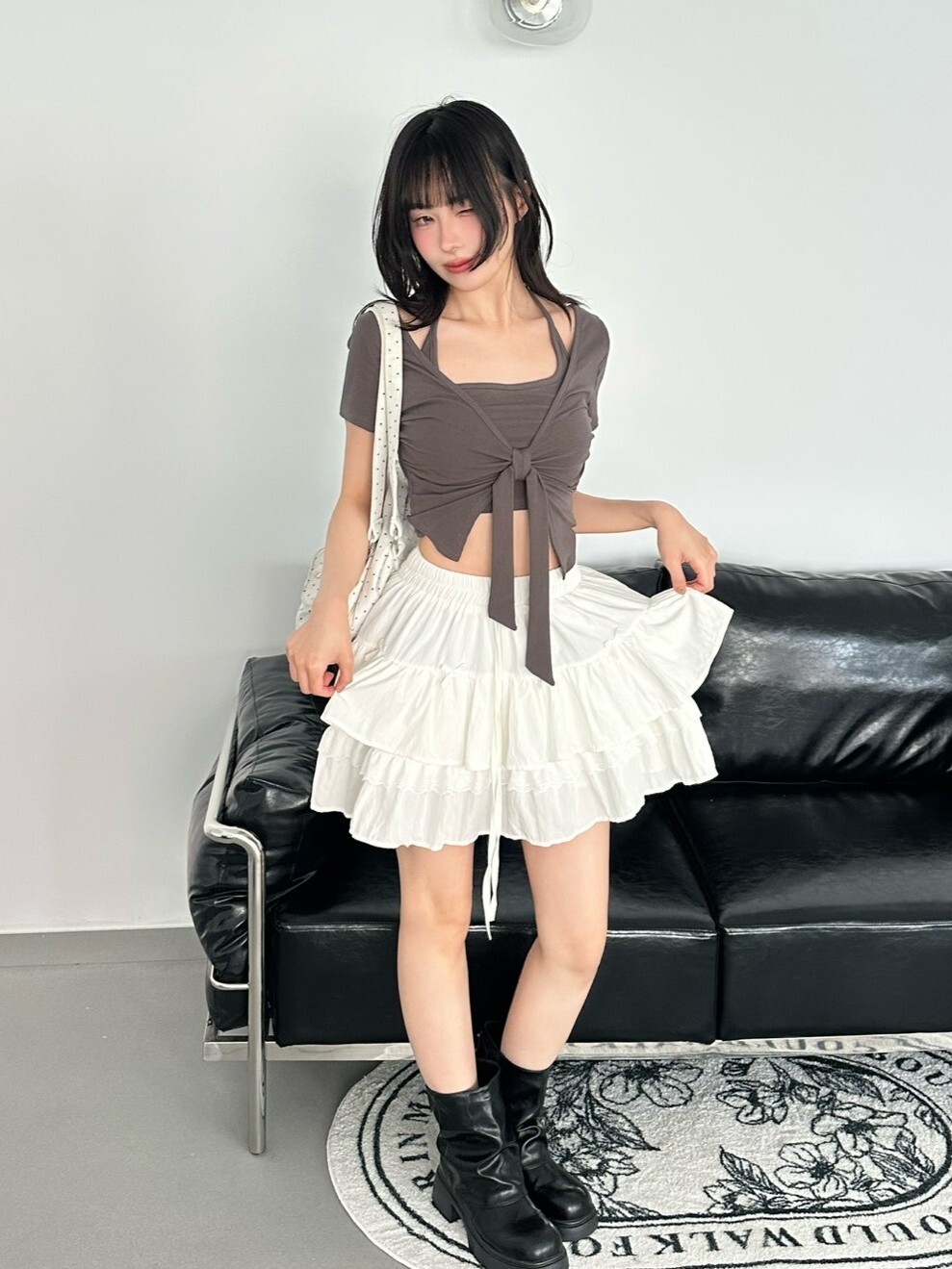 叫我小腰精 打結造型真兩件短袖bra top+