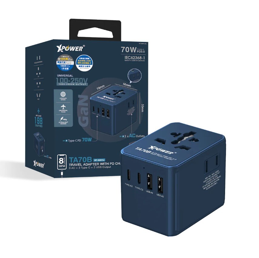 XPower TA70B 8輸出 PD/PPS 70W Gan旅行充電器(藍)