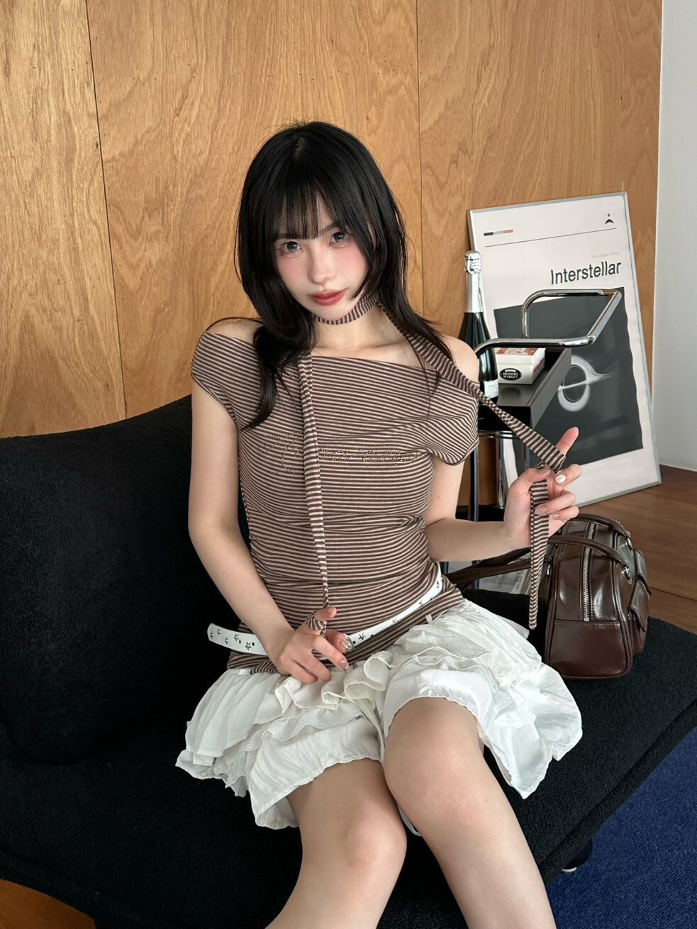 復古條紋 鉚釘細節繞脖盪領背心