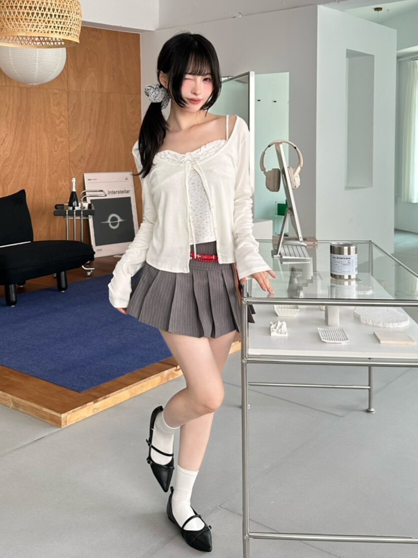 都會剪影 三釦寬腰直紋百褶短裙