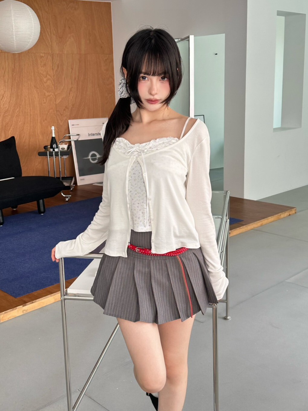 都會剪影 三釦寬腰直紋百褶短裙