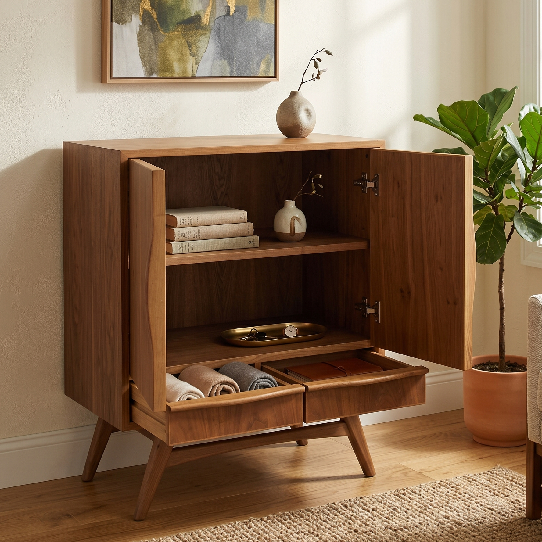 暖心胡桃色｜大容量雙門雙抽實木收納櫃