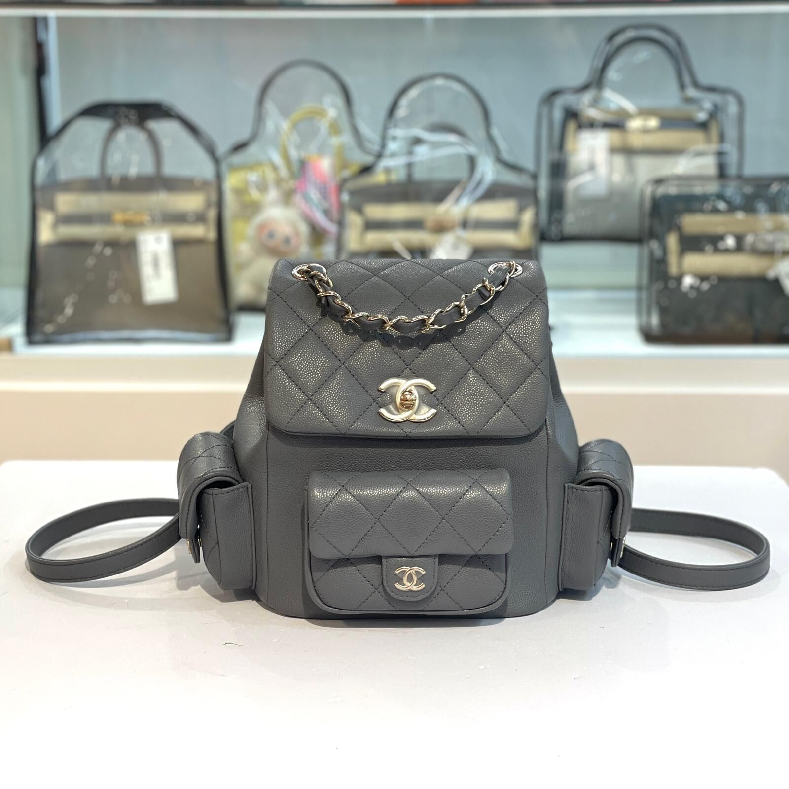 全新Chanel Backpack Small AS3860 Duma Backpack 灰色荔枝皮淡金鏈@晶片款 #香奈兒背包 #BRAND NEW #香榭站正品