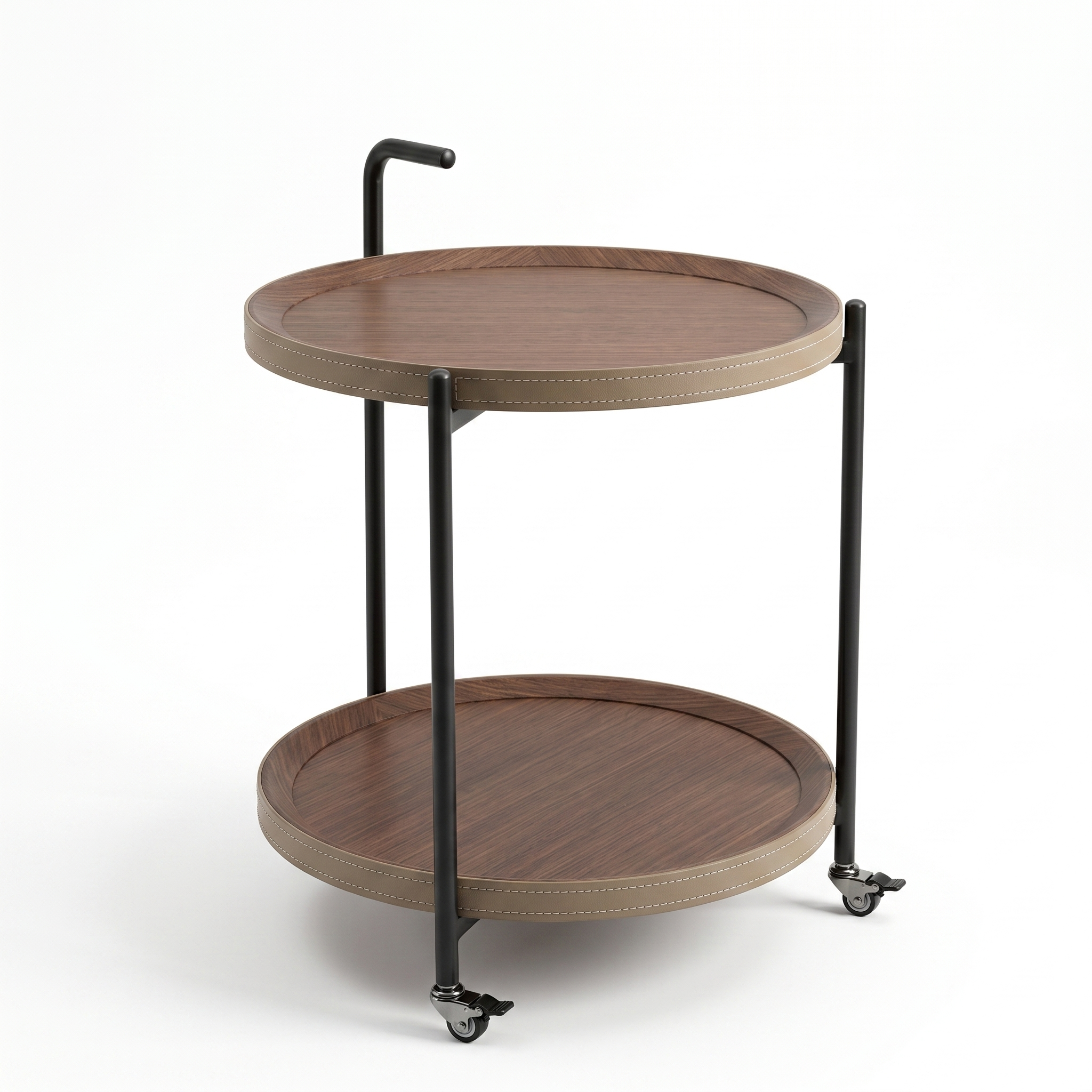工藝之美｜皮革與木質調交織的圓形雙層手推几