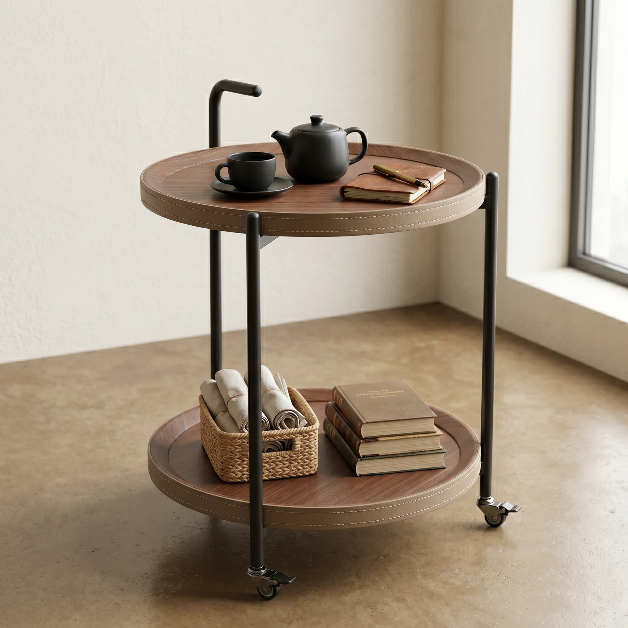 工藝之美｜皮革與木質調交織的圓形雙層手推几