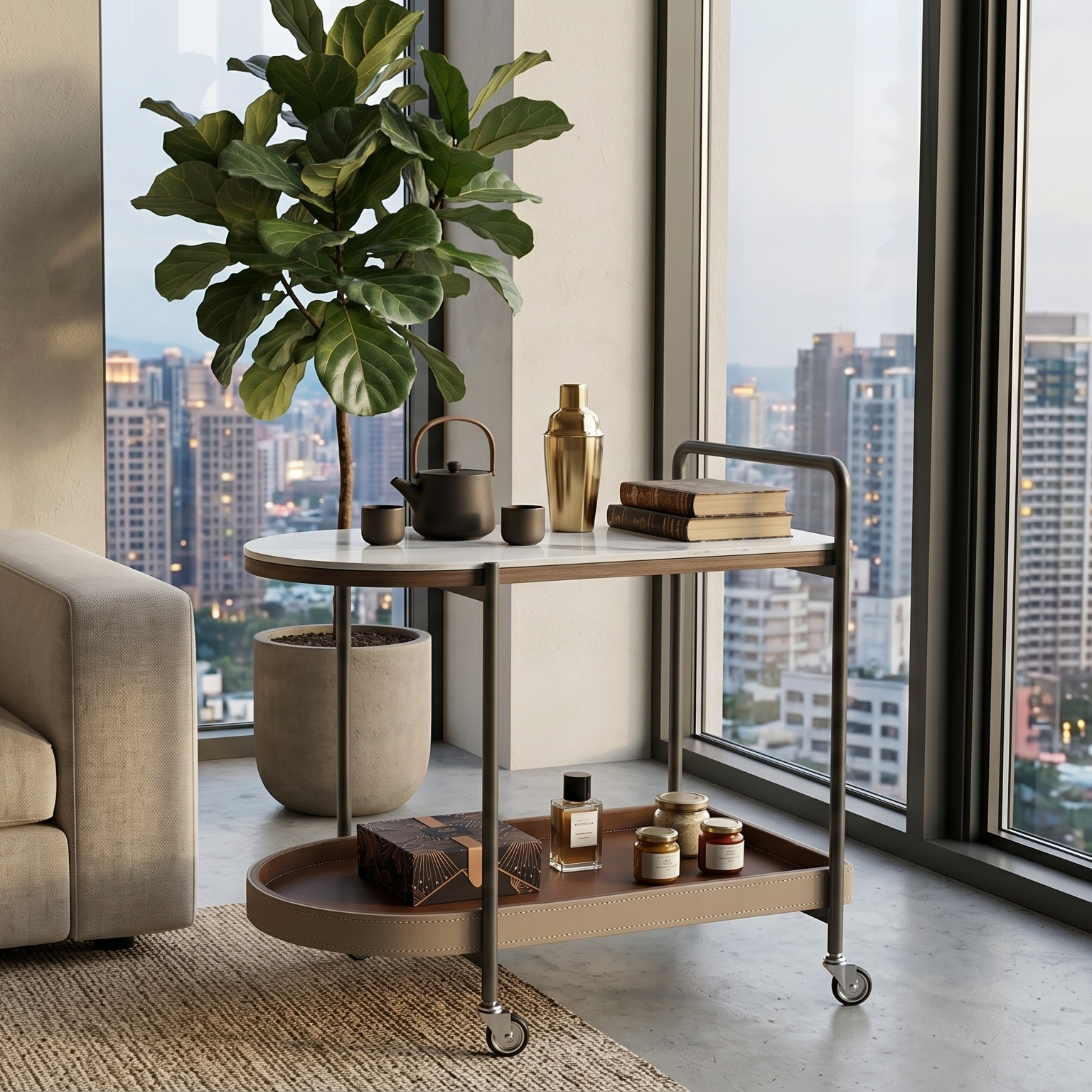 石紋語彙｜大理石紋與拼接皮藝雙層行動邊几