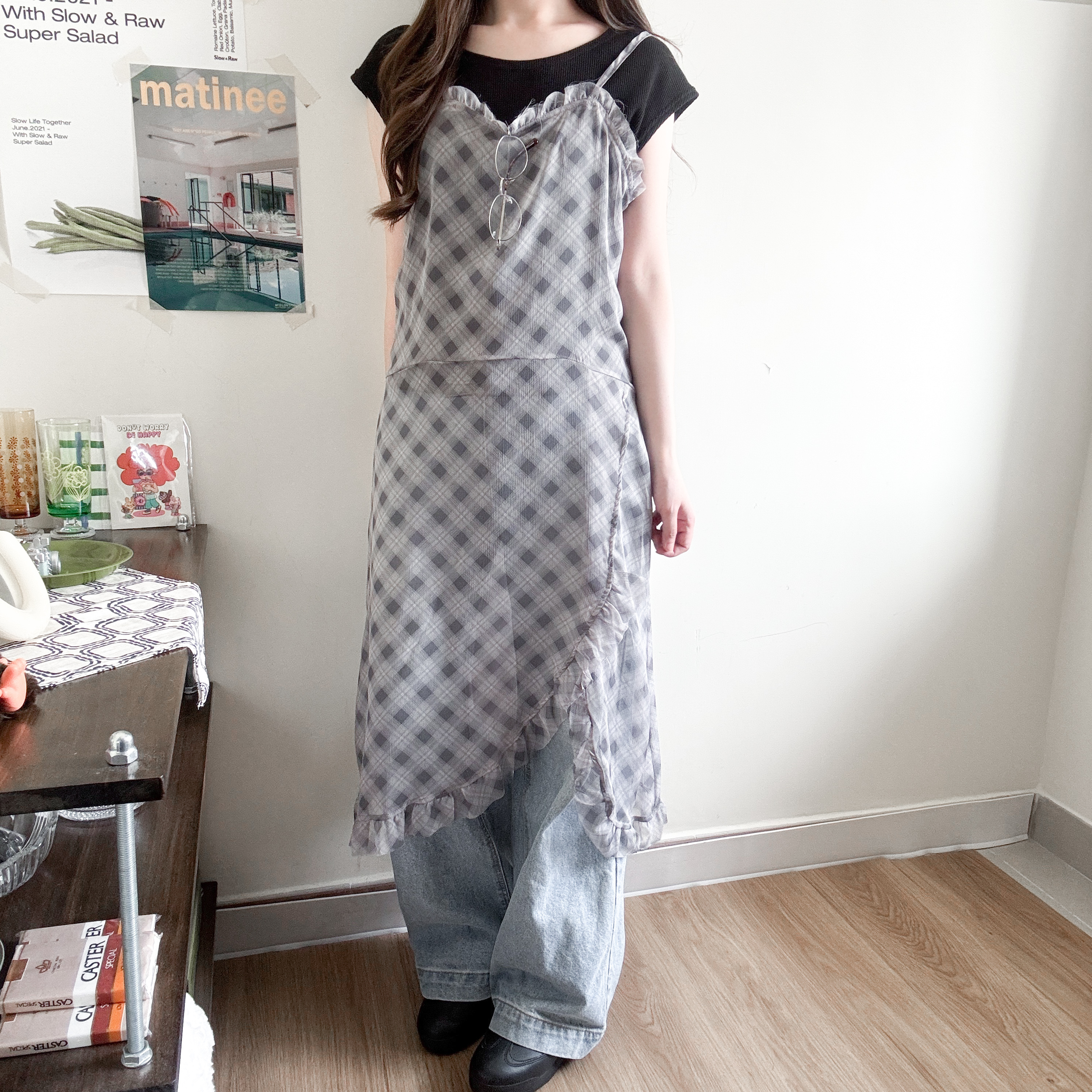 透視格仔吊帶長罩衫