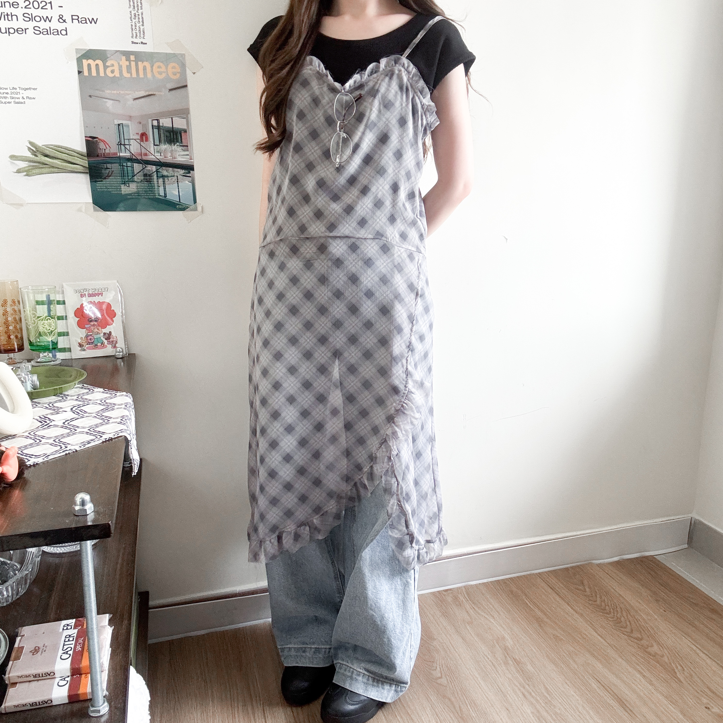 透視格仔吊帶長罩衫
