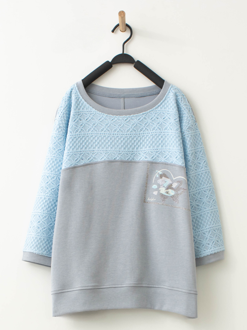 勾花蕾絲剪接上衣蛋糕薄棉牛仔長裙組合