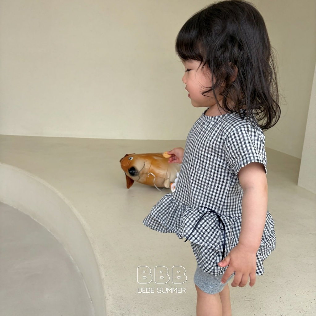 正韓夏bella_bambina 嫩嬰小童兩色格子花瓣中長版上衣