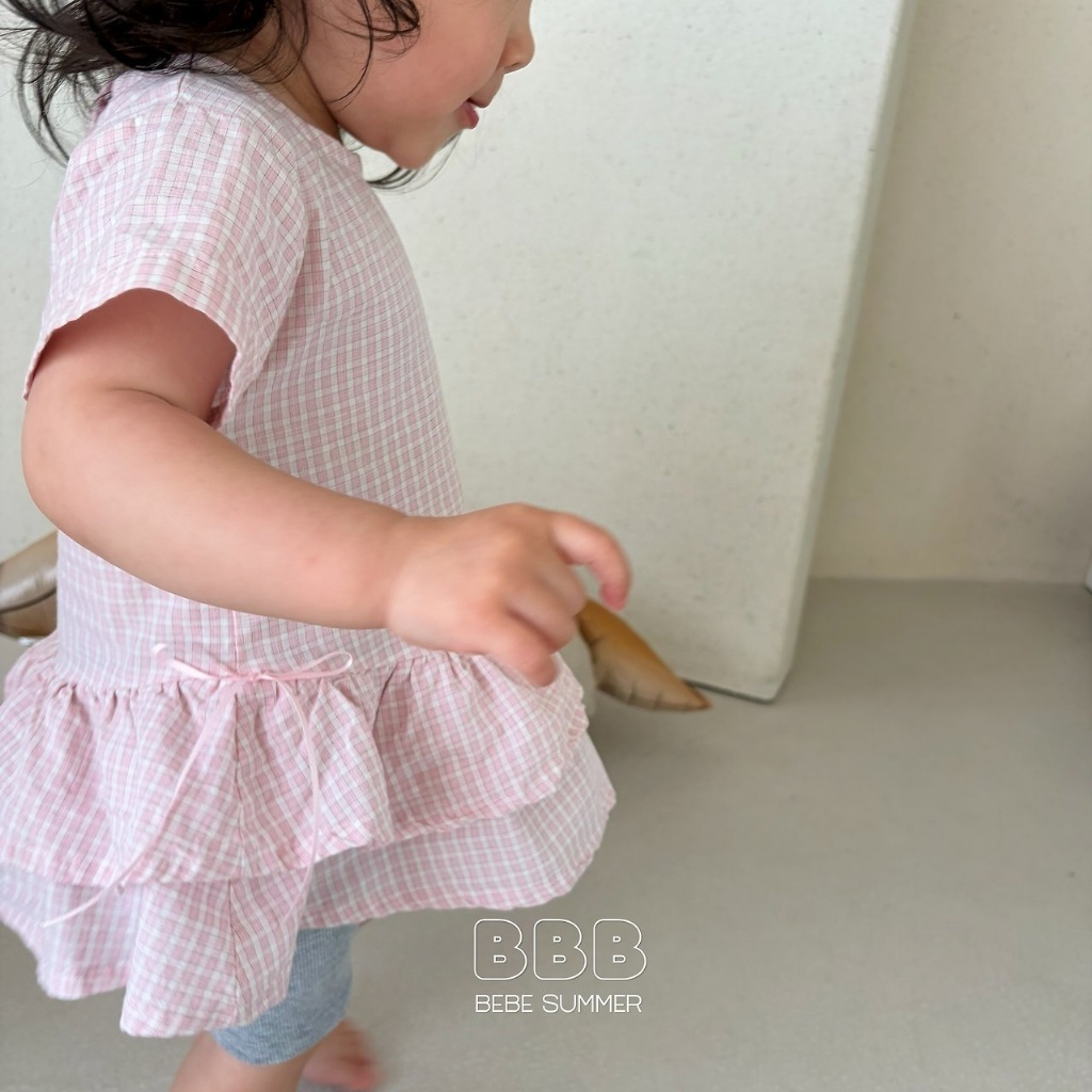 正韓夏bella_bambina 嫩嬰小童兩色格子花瓣中長版上衣
