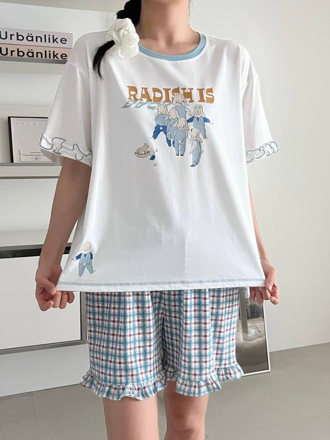 VA6120 可愛圖案格紋褲睡衣