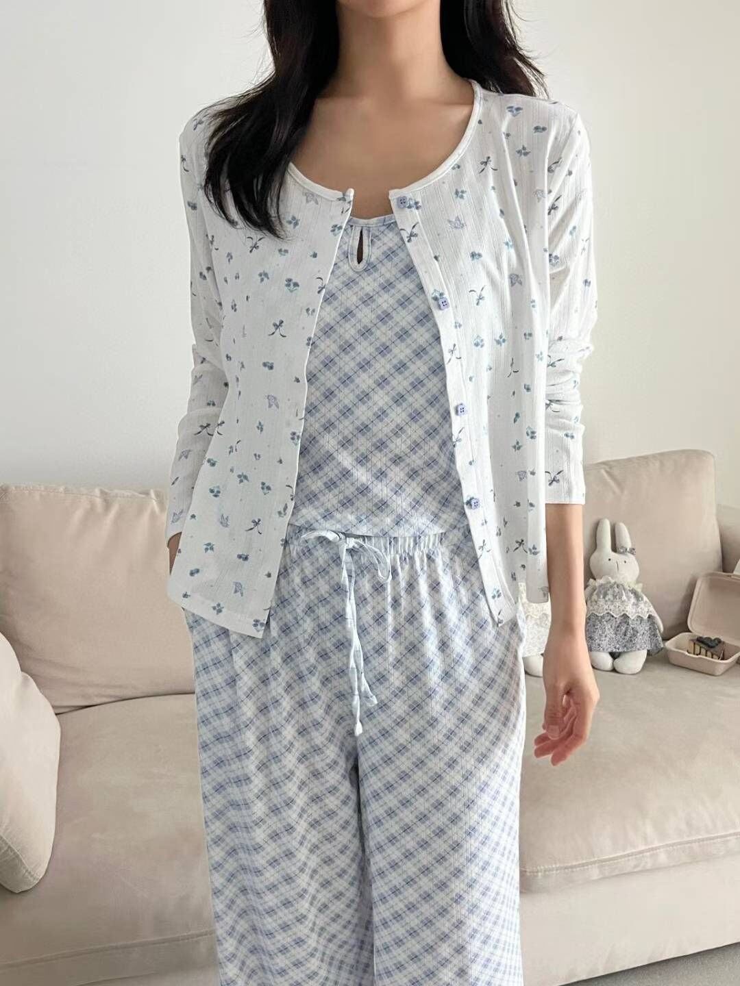 VA6126 藍色格紋三件裝睡衣