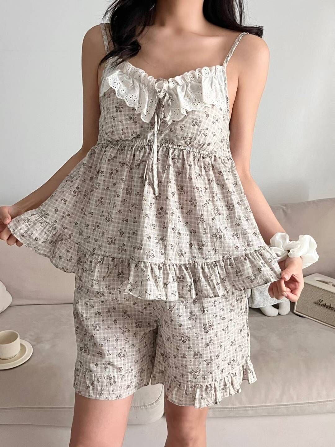 VA6130 格紋碎花吊帶睡衣