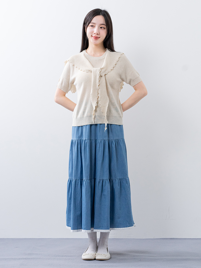 兩件式針織上衣蕾絲拼接牛仔蛋糕裙組合