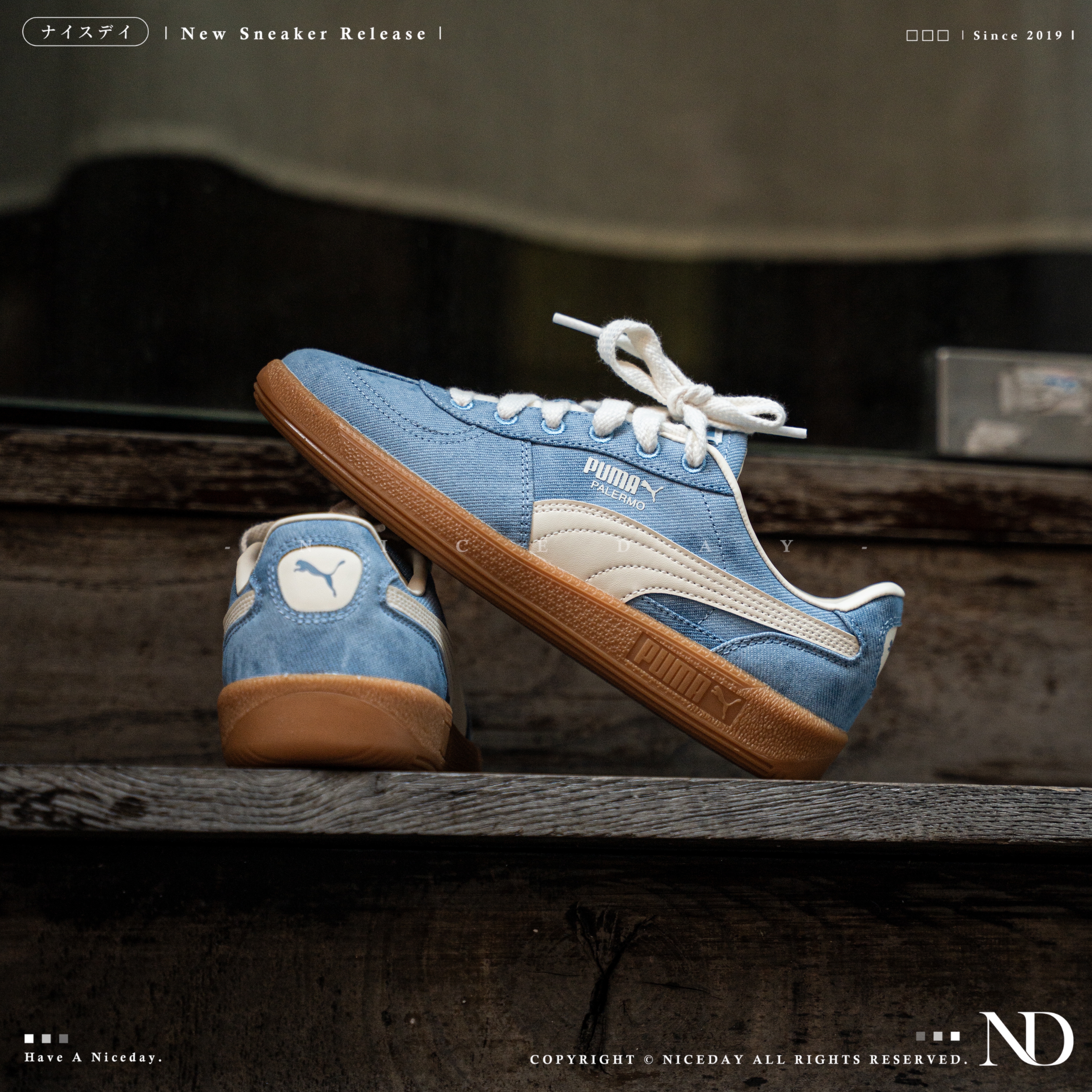 NICEDAY 現貨 PUMA Palermo Denim 淺藍 丹寧 膠底 復古 德訓鞋 408418-02