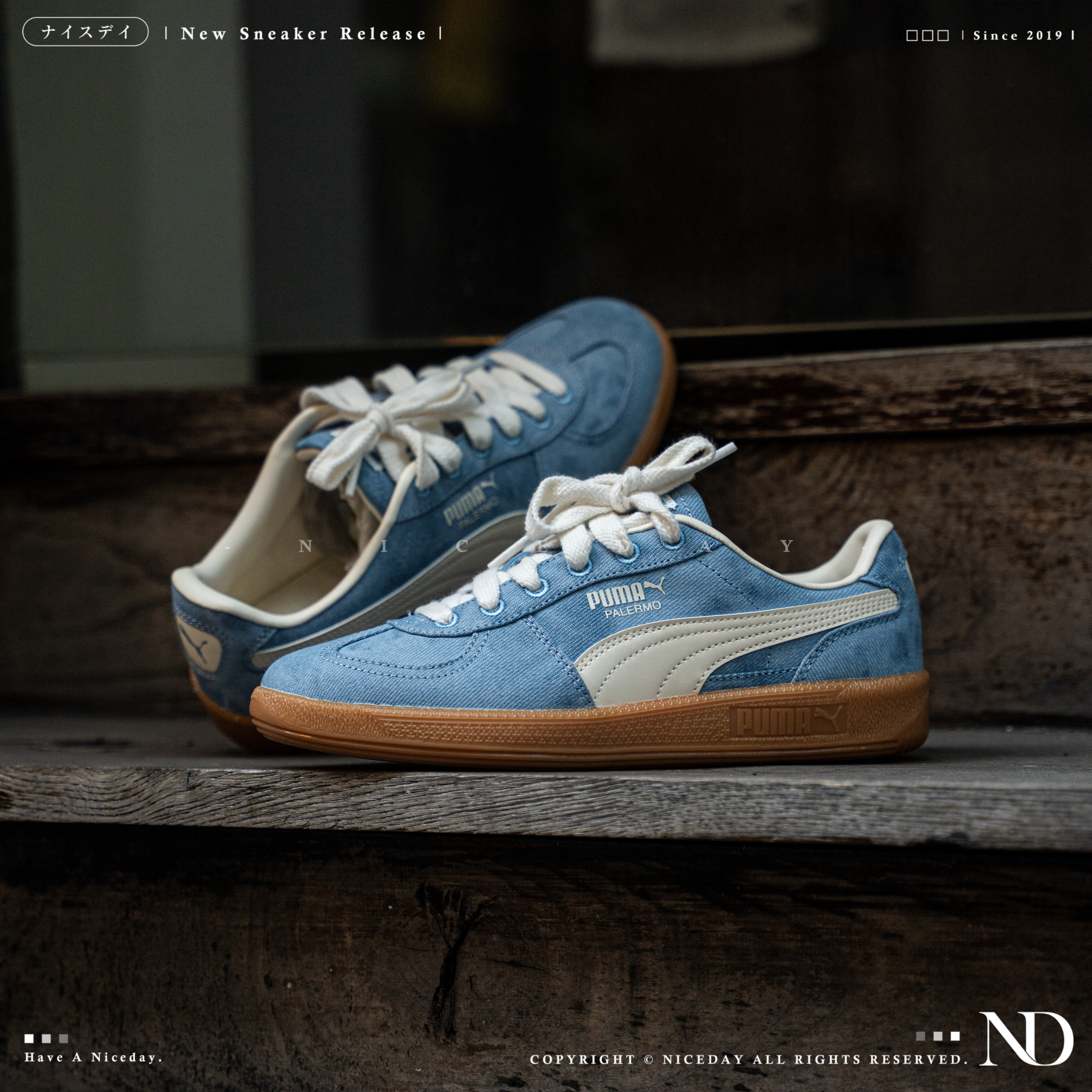 NICEDAY 現貨 PUMA Palermo Denim 淺藍 丹寧 膠底 復古 德訓鞋 408418-02