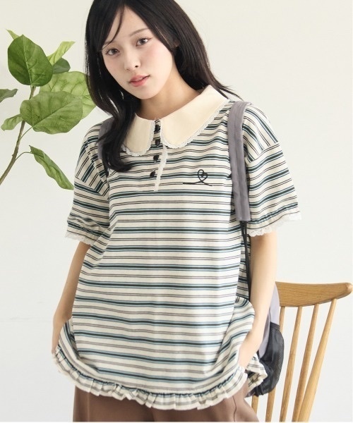 kutir / Heart Button Lace Frill Border Polo Shirt