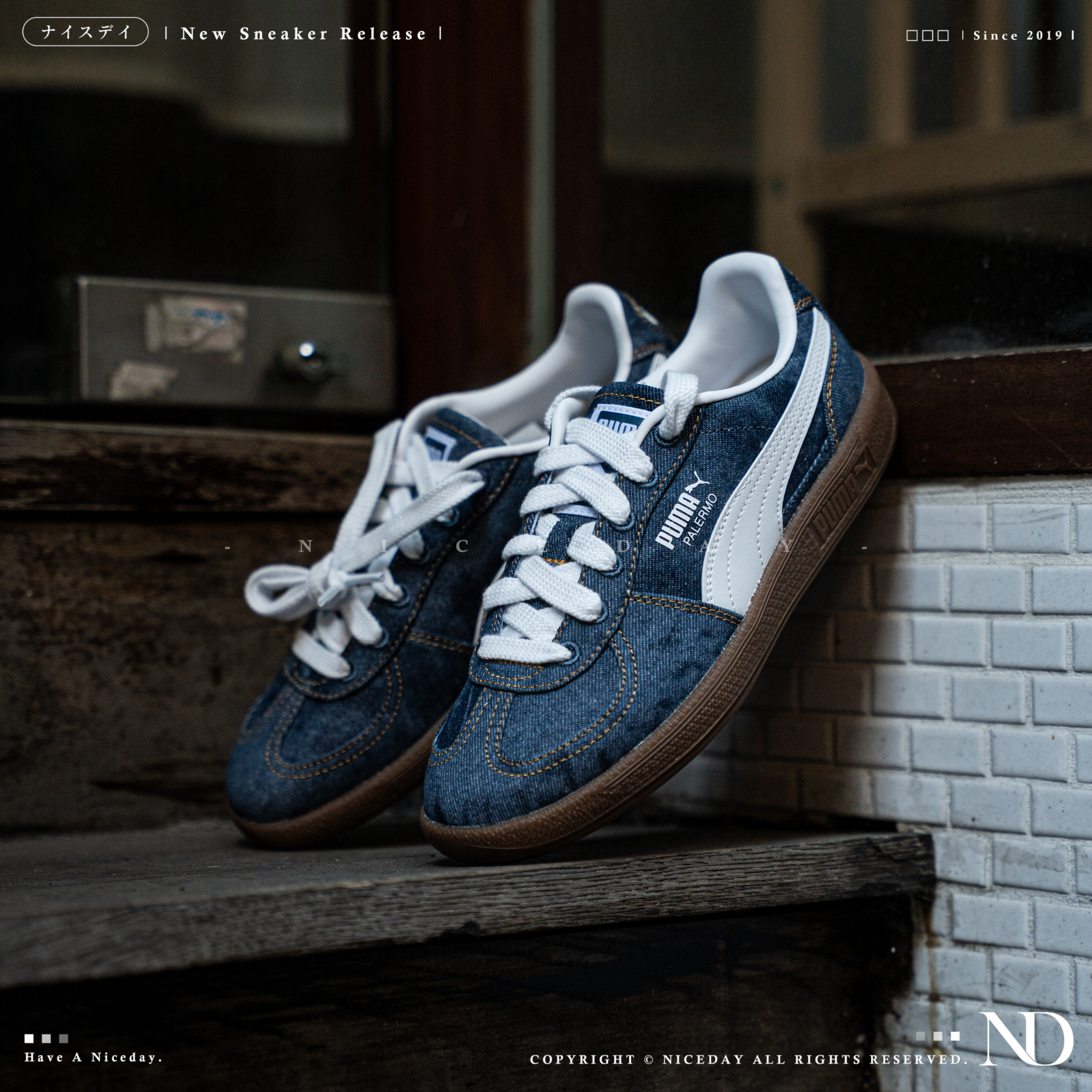 NICEDAY 現貨 PUMA Palermo Denim 藍 白 單寧 休閒鞋 復古 德訓鞋 408418-01
