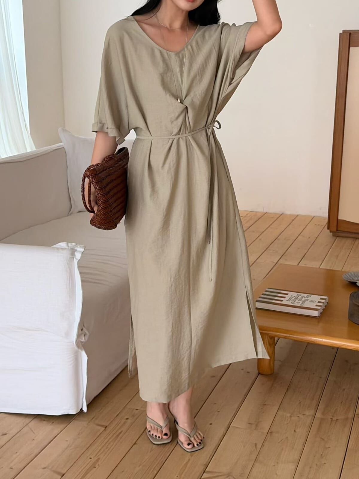 LW6110 扭結設計亞麻連身裙