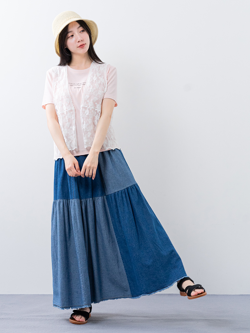 蕾絲繡花背心涼感棉短袖雙色拼接牛仔長裙組合