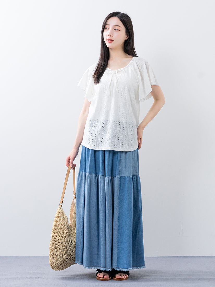 簍空緹花針織上衣雙色拼接細褶牛仔長裙