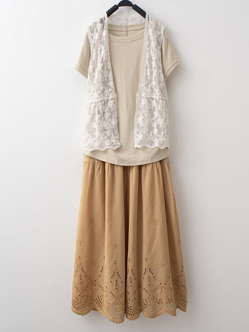 蕾絲繡花背心側抓皺上衣純棉柔軟寬褲組合
