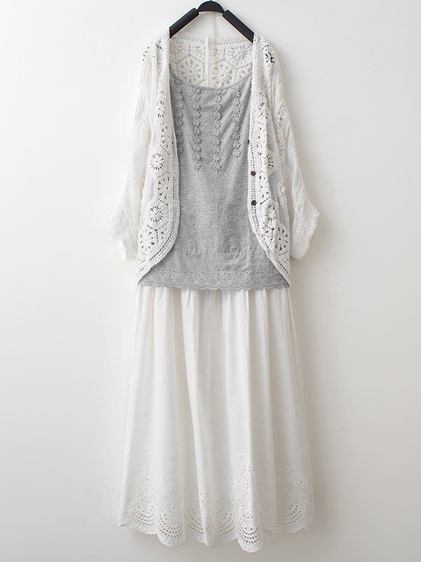 繡花連袖罩衫蕾絲小花背心繡花純棉長裙組合