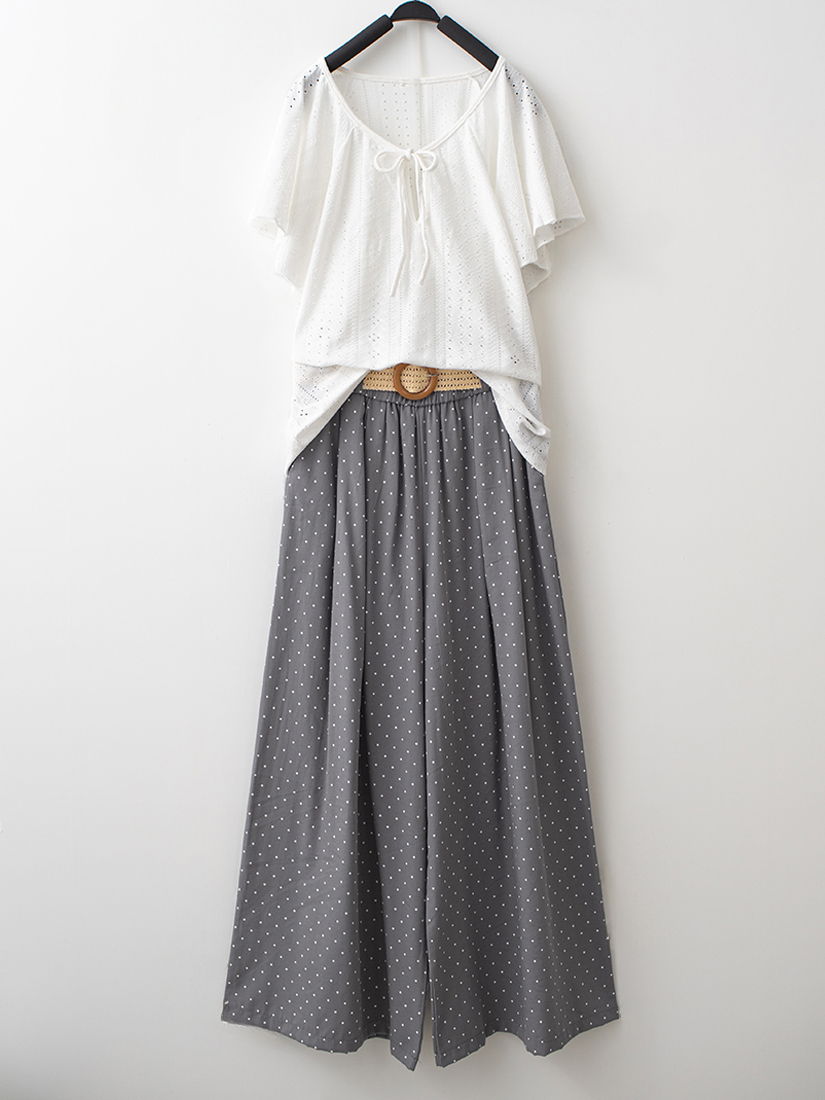 簍空緹花針織上衣棉麻感點點九分寬褲組合