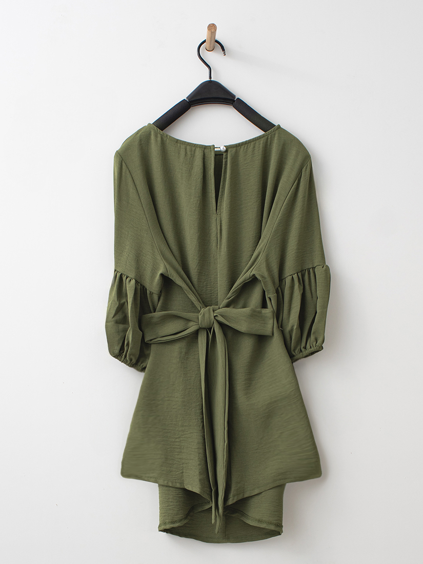 日系後綁帶燈籠袖顯瘦長版上衣